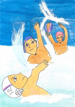 優秀賞：男子の試合の様子。ゴールを狙う選手と止めようとする選手が描かれた作品