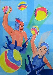 優秀賞：男女の水球選手と切り抜いたボールの絵を貼り付けた作品