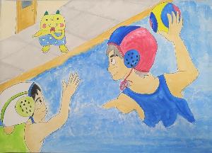 優秀賞：プールサイドのえちゴンと、2人の女子選手を描いた作品