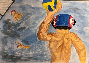 写真：デサンカ・マクシモヴィッチ小学校に送る絵画の中の1枚です。ボールを持った水球選手の後ろ姿が描かれています