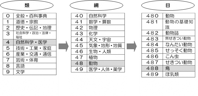 日本十進分類法の表。類・綱・目を表す3ケタの数字が当てられています。