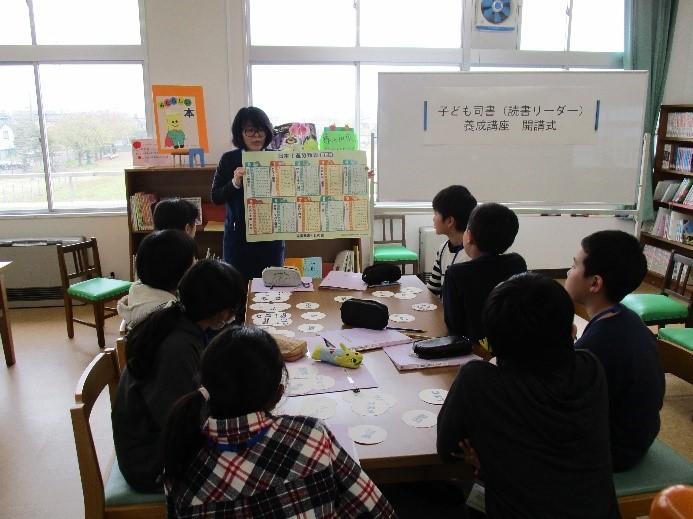 日本十進分類表を司書が説明し、児童が聞いている写真
