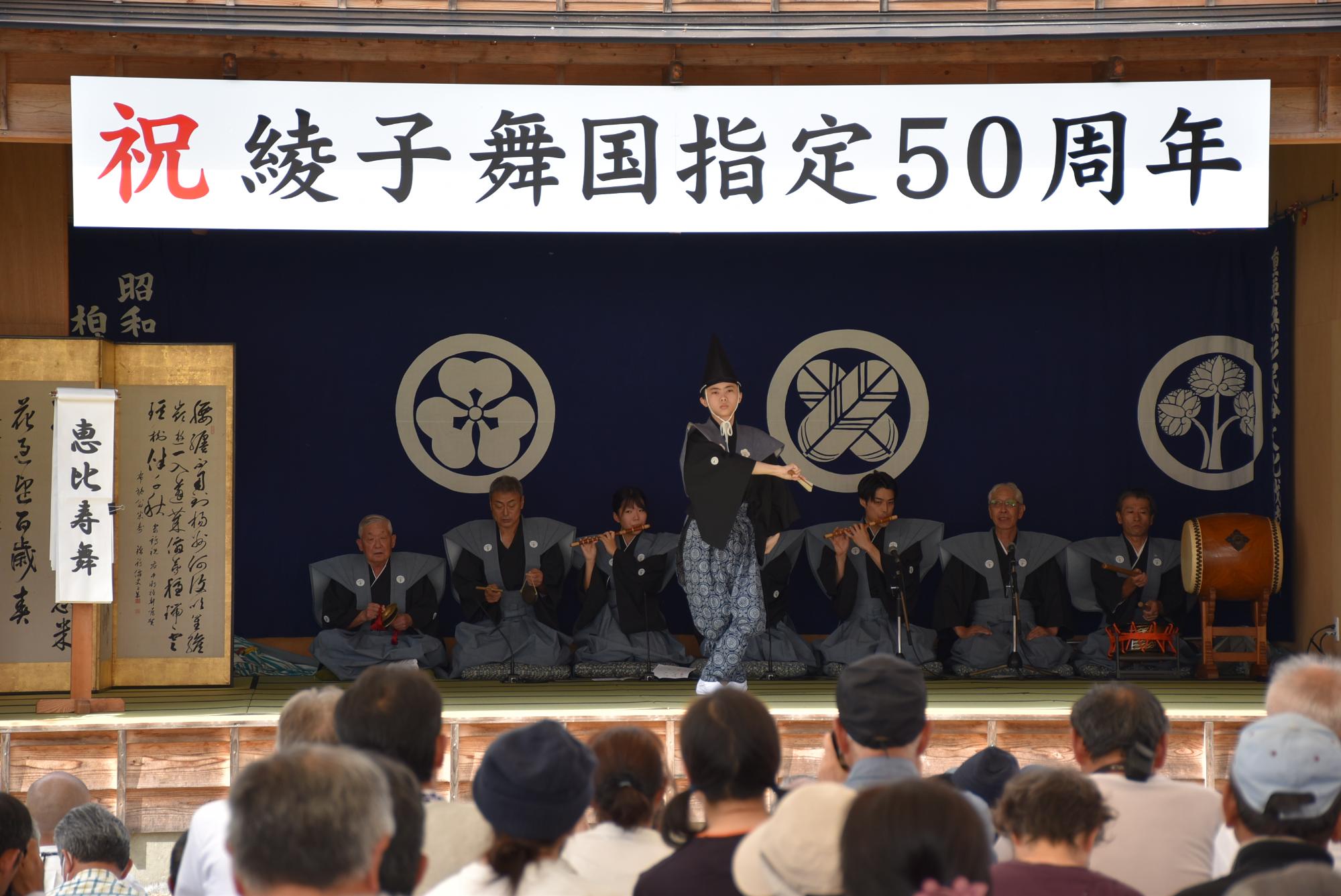 一人の男性が右手に扇を持ち、踊っている写真