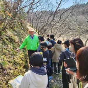 写真：保存会の男性が、散策路途中の斜面を指さし、里山に植生する植物の説明を小学生にしているところ