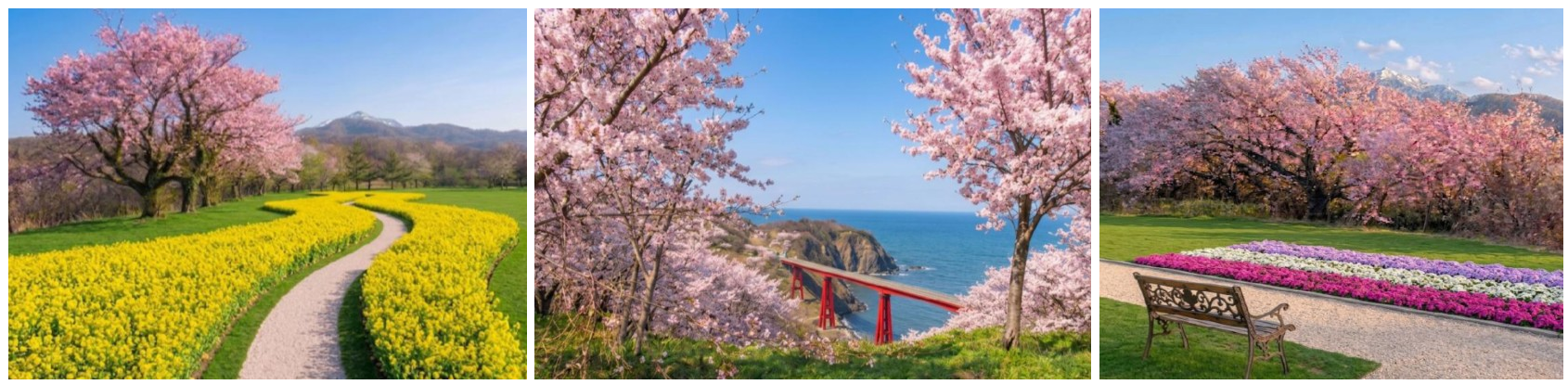 写真：3点のイメージ写真が並んでいます。左から順に「菜の花と小道、満開の桜の木と米山」「満開の桜の奥に見える赤い米山大橋と青い日本海」「満開の桜と花壇とベンチ」です