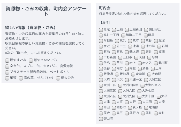 資源物・ごみの収集、町内会アンケートの設問と選択肢