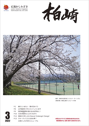 広報かしわざき2022年3月号の表紙。駅前公園テニスコートでテニスを楽しむ市民と満開の桜の写真です。