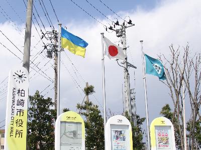 写真：柏崎市役所西口で風になびく日本国旗と柏崎市章旗。左端にはウクライナ国旗もあります