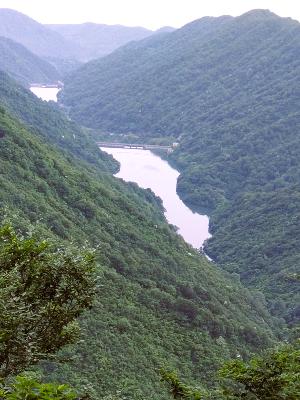 写真：周囲を山に囲まれた赤岩ダムと谷根ダム。水を満々と湛えています