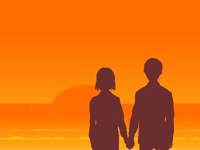 夕日をバックに手をつなぐ男女のシルエットが浮かぶイラスト