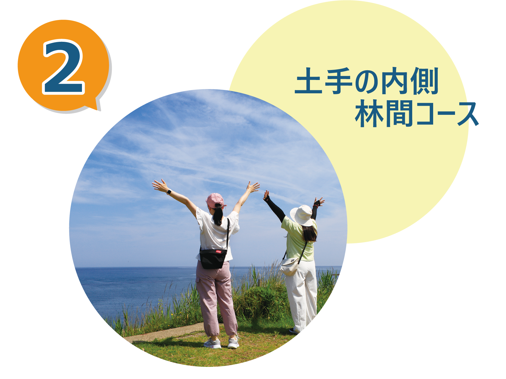 写真：コース途中の海が見えるポイント。初田さんと五十嵐さんが海に向かって両手を高く上げて伸びるポーズをしています