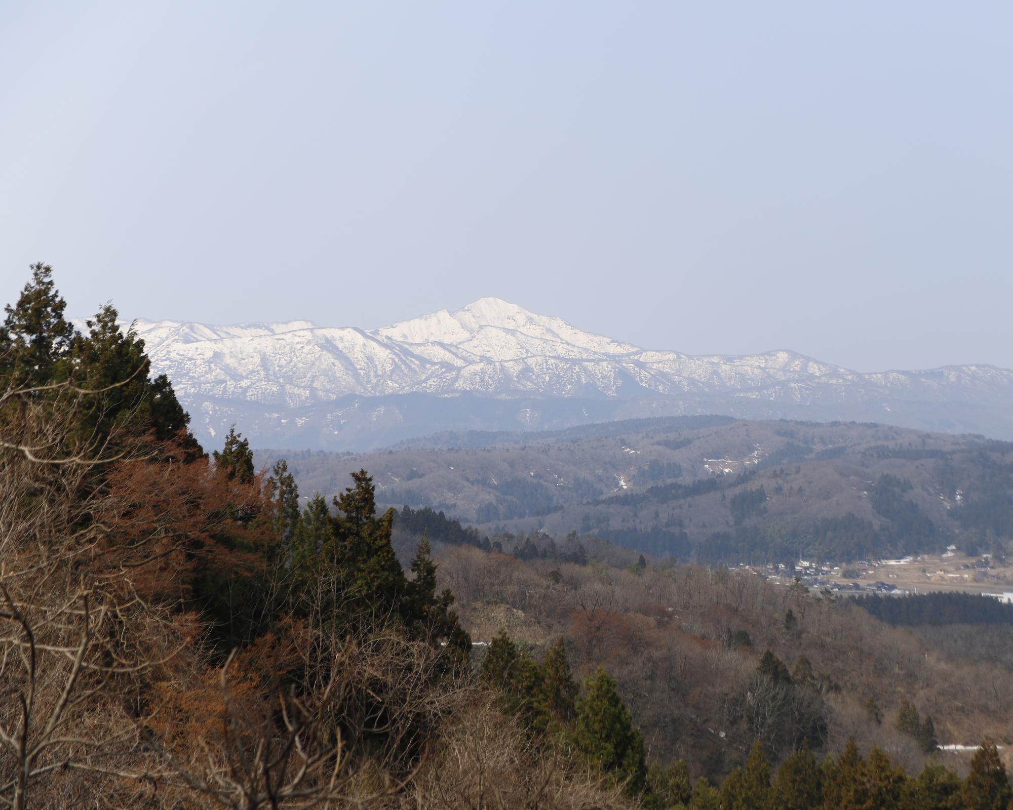 写真：八石山登山道から見えた米山。3月でも雪をたたえています